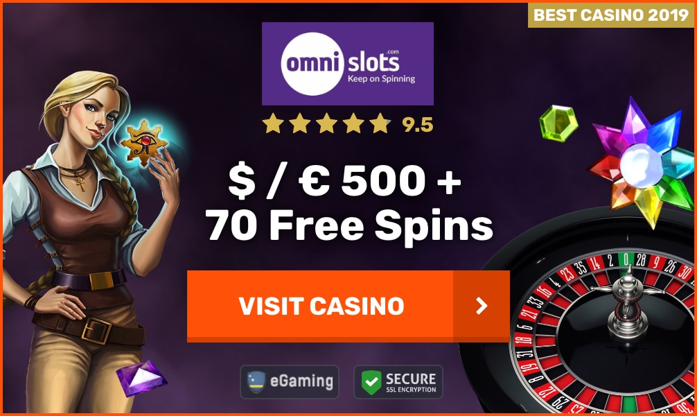 omni Slots online casino bonus offer banner with roulette wheel and female game character